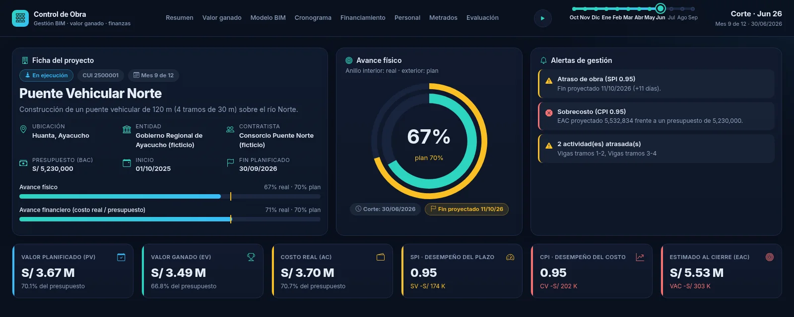 Resumen del proyecto: ficha, avance físico, alertas e indicadores clave